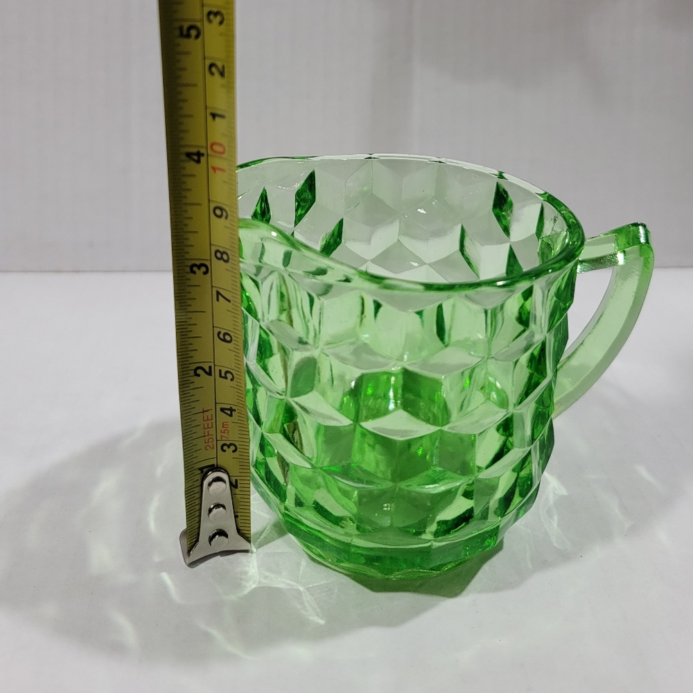 Uranium Glass Depression Glass Pitcher Creamer Cubist Pattern UV Glowing Glass - Picture 9 of 9